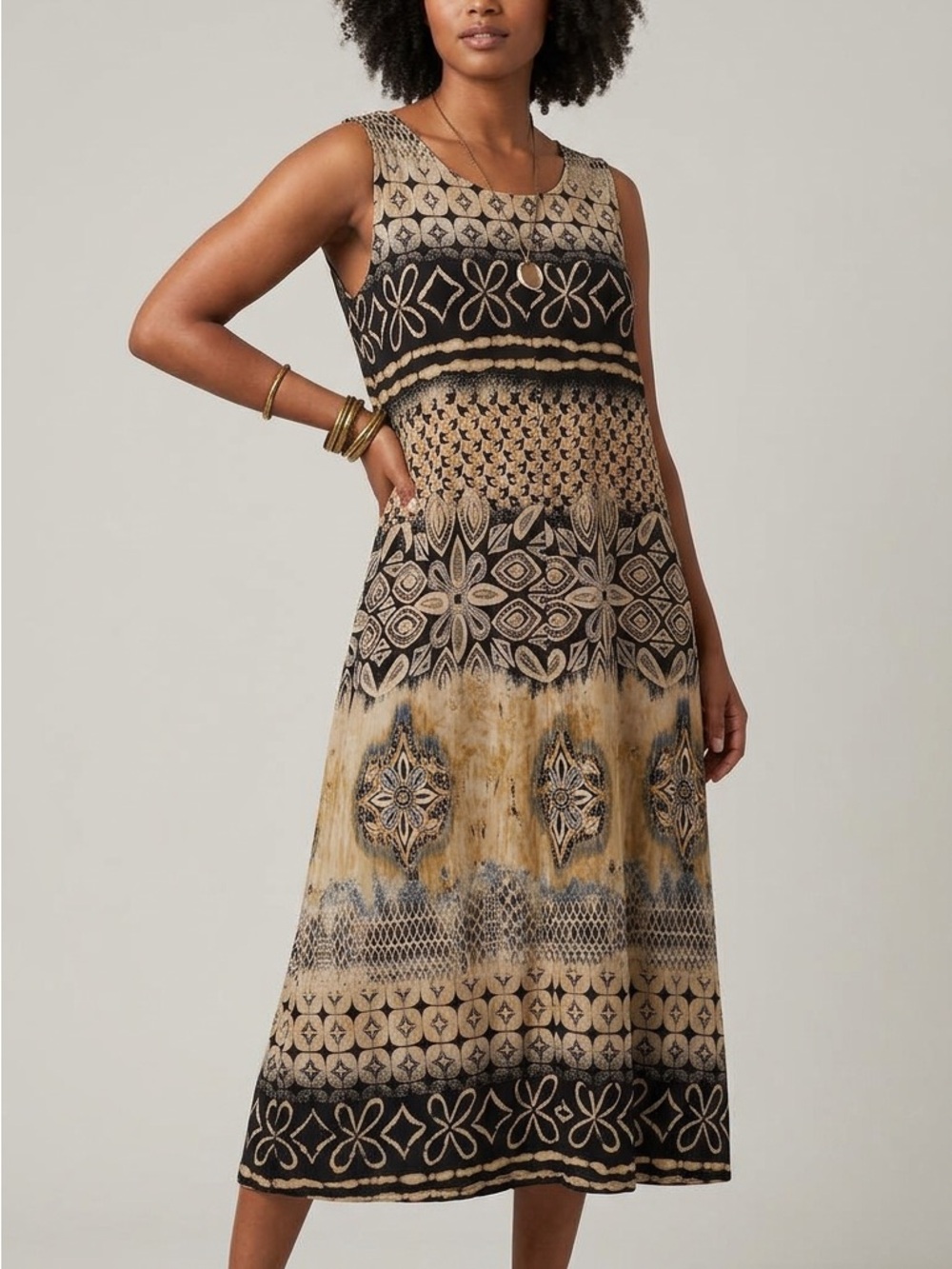 Coldwater Creek Black and Brown Patterned Sleeveless Maxi Dress Size XL